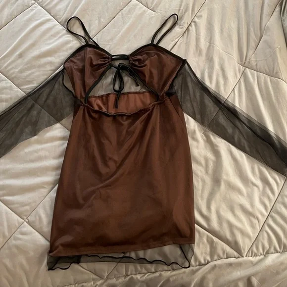 brown mesh overlay dress Rosalia Brown Mesh Maxi Dress - L Size - Women's Dresses main image 1